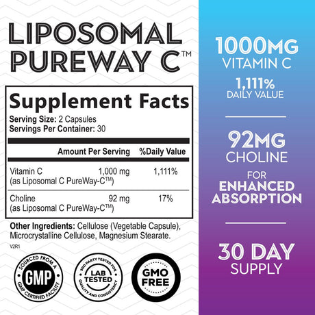 Liposomal Vitamin C Extra Strength 1000 Mg Pureway Vitamin C Supplement for Immune Support & Collagen Booster, Buffered Soluble Nature'S Liposome VIT C, Encapsulated for High Absorption - 60 Capsules