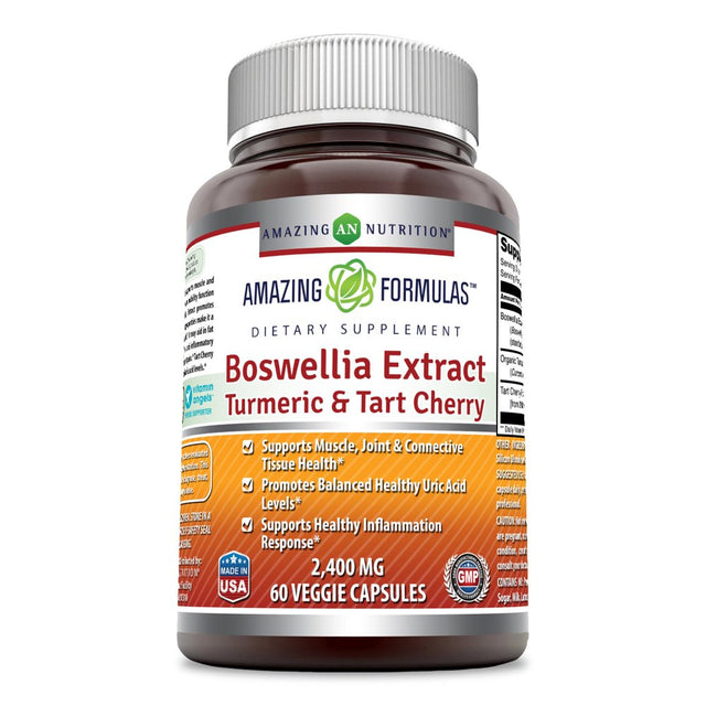 Amazing Formulas Boswellia Extract Turmeric & Tart Cherry 2400Mg Veggie Capsules (60 Count) (Non Gmo,Gluten Free) -Supports Muscle, Joint & Connective Tissue Health, Inflammation Response.