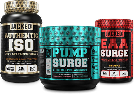 Jacked Factory PUMPSURGE Caffeine Free Pre Workout Supplement, EAA Surge Premium EAA Amino Acids Supplement, Authentic ISO 100% Grass Fed Muscle Building Whey Protein Isolate Powder