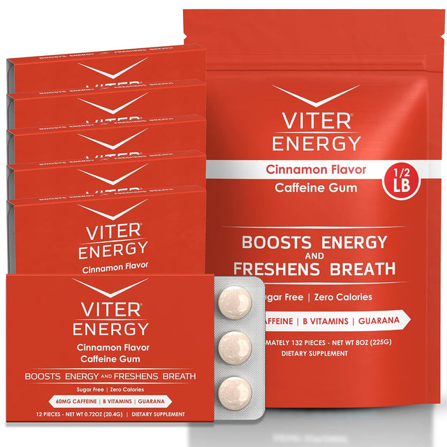 Viter Energy Caffeine Gum Cinnamon Flavor 6 Pack and 1/2 Pound Bulk Bag Bundle - 60Mg Caffeine, B Vitamins, Guarana, Sugar Free, Vegan, Chewing Gum, Powerful Energy Booster for Focus and Alertness