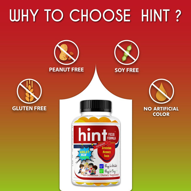 HINT Kids Brain Focus Gummies for Attention & Memory for Teens, Natural Vitamins with Omega DHA- 60 Ct