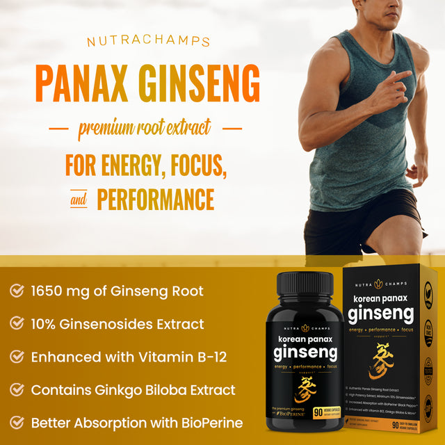 Nutrachamps Korean Red Panax Ginseng [Gold Series] Double Strength Root Extract 10% Ginsenosides Energy & Focus Pills with Ginkgo Biloba, Vitamin B12, Acetyl L-Carnitine & Bioperine - Vegan Capsules