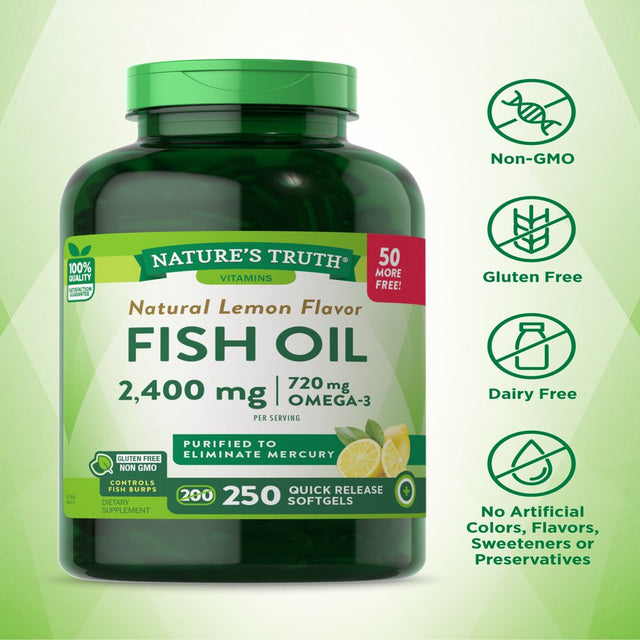 Fish Oil Omega 3 | 2400 Mg | 250 Liquid Softgels | Burpless Lemon Flavor Pills | Non-Gmo, Gluten Free Supplement | by Nature'S Truth