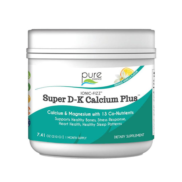 Ionic Fizz Super D-K Calcium plus - Supplement with Magnesium, Zinc, Potassium, and 12 Other Nutrients -Natural Sleep Aid, anti Stress Powder, Strong Bones by Pure Essence - Orange Vanilla - 7.41 Oz