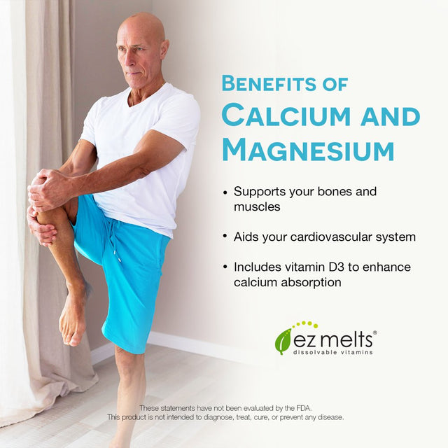 EZ Melts Calcium and Magnesium with Vitamin D3 Supports Bone and Muscle Strength, 500 Mg 60 Tablets, Strawberry Flavored, Vegan Dietary Supplements, Dissolvable and Fast Melting