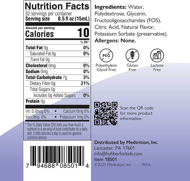 Medtrition Hyfiber Liquid Fiber for Kids in Only One Tablespoon, Supports Regularity and Softer Stools, FOS Prebiotics for Gut Health, 6 Grams of Fiber, 32 Servings per Bottle