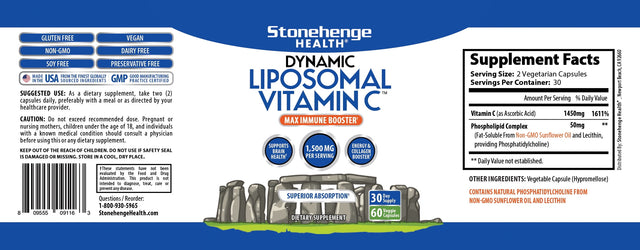 Liposomal Vitamin C 1500Mg Stonehenge Health, Non-Gmo Sunflower Lecithin, High Absorption, Fat-Soluble, Supports Immune System, Dietary Supplement, 60 Capsules