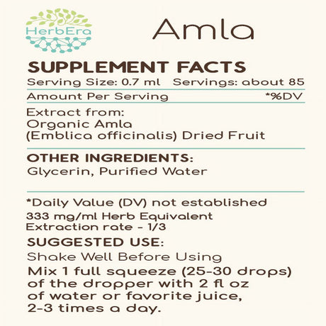 Amla Alcohol-Free Herbal Extract Tincture, Super-Concentrated Organic Amla (Emblica Officinalis) Dried Fruit 2 Oz