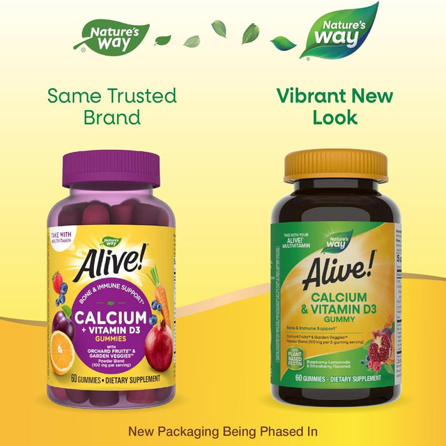 Nature'S Way Alive! Premium Calcium + D3 Gummies, Supports Healthy Bones & Muscles*, Strawberry and Raspberry Lemonade Flavored, 60 Gummies