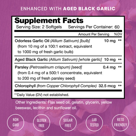 Nutrachamps Odorless Garlic Pills - Extra Strength 1000Mg Dose - Parsley, Chlorophyll & Aged Black Garlic Extract - 120 Softgels