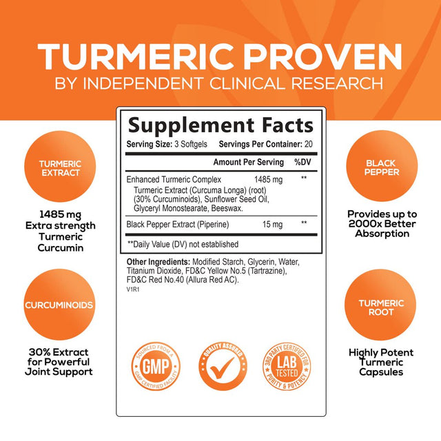 Turmeric Curcumin with Black Pepper Extract 1500Mg, Advanced Absorption Tumeric Extract Liquid Softgels Herbal Supplement, Curcuminoids Antioxidant Joint Support for Women & Men, Non-Gmo - 60 Softgels