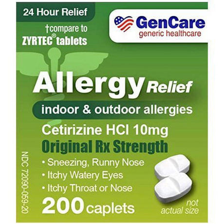 Gencare Cetirizine HCL 10 Mg (200 Count) | 24 Hour Non Drowsy Allergy Relief Pills | Best Value Generic OTC Allergy Medication | Antihistamine for Sneezing, Runny Nose and Itchy Eyes | Generic Zyrtec