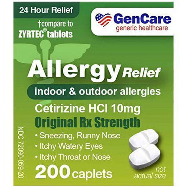 Gencare Cetirizine HCL 10 Mg (200 Count) | 24 Hour Non Drowsy Allergy Relief Pills | Best Value Generic OTC Allergy Medication | Antihistamine for Sneezing, Runny Nose and Itchy Eyes | Generic Zyrtec