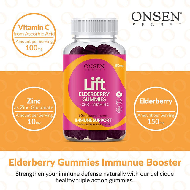 Onsen Lift Elderberry Gummies 150Mg - Complete Elderberry Immune Support with Vitamin C & Zinc, Daily Immunity Boost with Antioxidants, Plant-Based No Gelatin for Easier Absorption, 60 Gummies