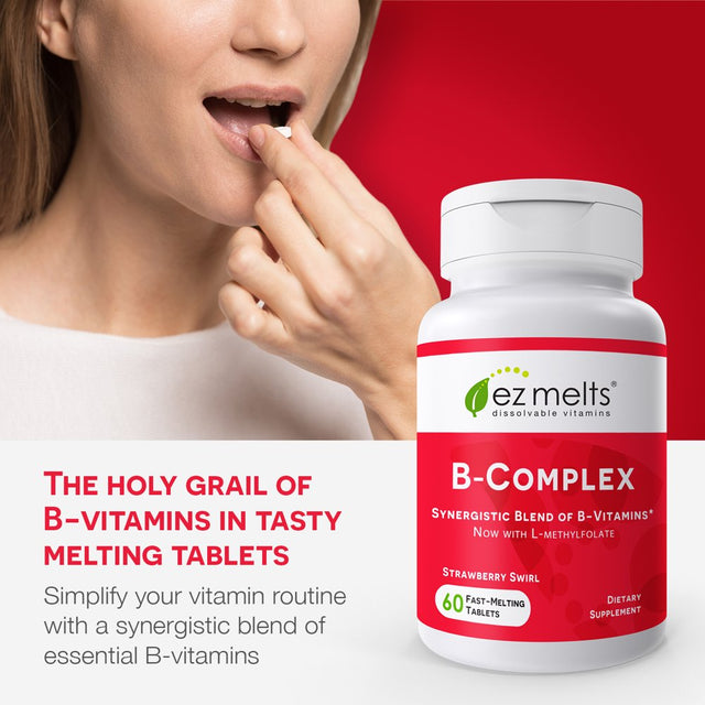 EZ Melts Sublingual Vitamin B Complex with Methylfolate for Stress and Mood Support, 9 Vital Vitamin B, 60 Tablets, Strawberry Flavored, Vegan Dietary Supplements, Dissolvable and Fast Melting