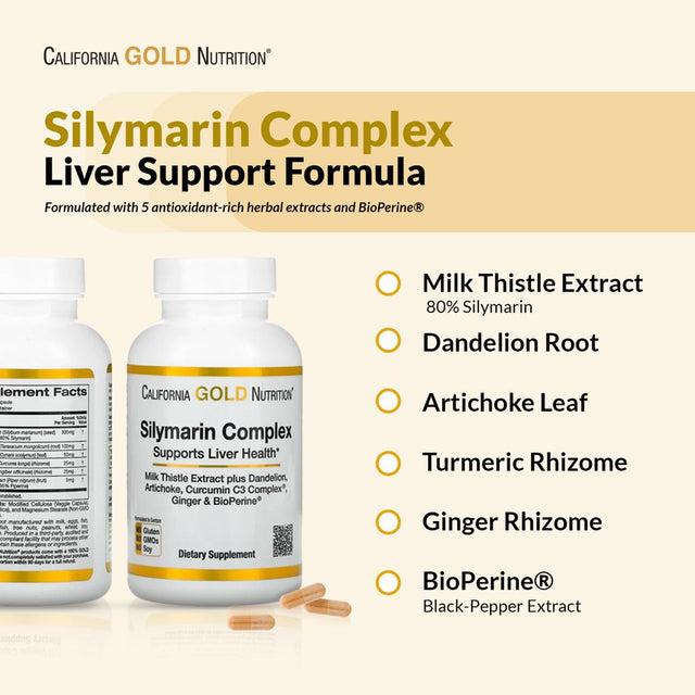 Silymarin Liver Health Complex, Milk Thistle Extract with Curcumin, Artichoke, Dandelion, Ginger, Black Pepper, 360 Veggie Capsules by California Gold Nutrition