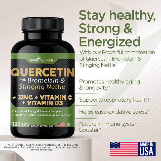 Quercetin with Vitamin C and Zinc - Nettle Quercetin - Quercetin 500Mg - Quercetin with Bromelain - Zinc Quercetin + Vitamin D3 - 360 Veggie Caps - (Non-Gmo, Gluten-Free, Vegan) 6 Month Supply