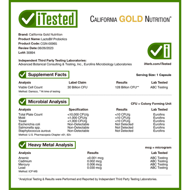 California Gold Nutrition Lactobif Probiotics, 30 Billion CFU, 60 Veggie Capsules