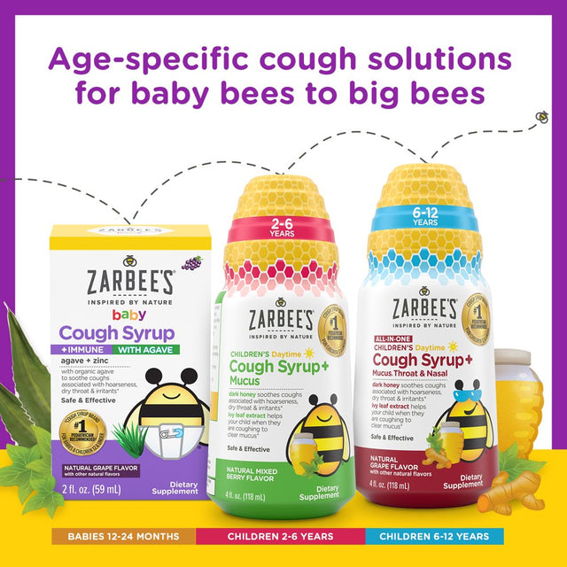 Zarbee’S Kids Cough + Immune Daytime for Ages 2-6 with Honey, Vitamin D & Zinc, Mixed Berry, 4FL Oz