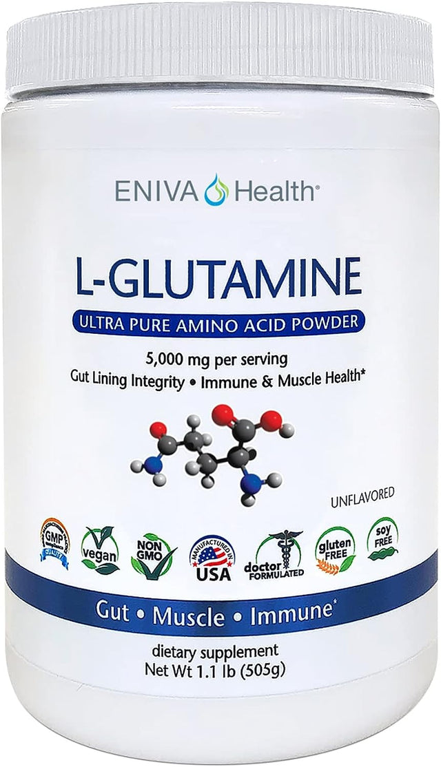 Eniva Health L-Glutamine Pure Powder, Unflavored (101 Servings) | Vegan, Gluten-Free, Sugar-Free, Non-Gmo | Doctor-Formulated, USA Made | Gut Health, Leaky Gut, Bloating, Muscle Health, Immune System