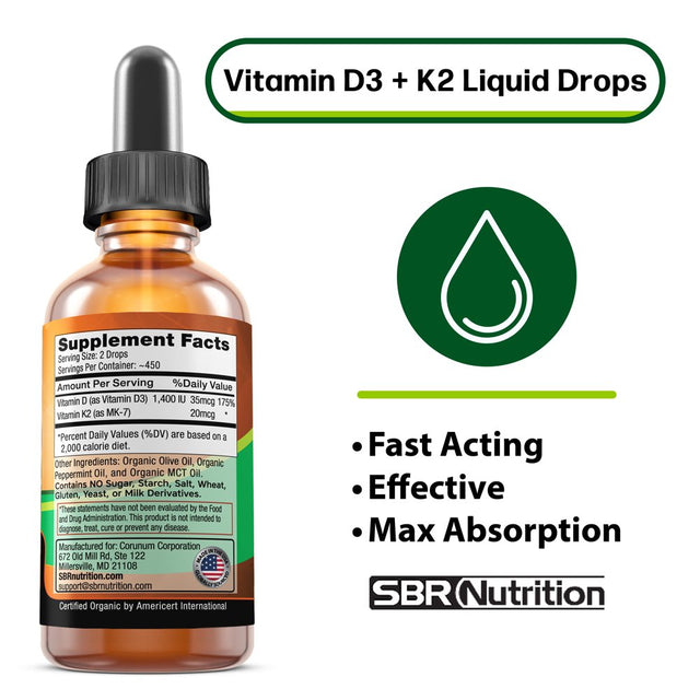 USDA Organic Vitamin D3 + K2 (MK-7) Sublingual Liquid Drops with MCT Oil | Peppermint Flavor | Helps Support Strong Bones and Healthy Heart, Boost Immune System