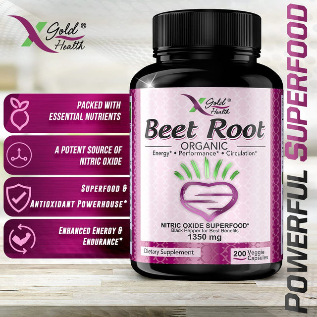 Organic Beet Root Powder 1350Mg 200 Veggie Caps Superfood Nitric Oxide Strongest Premium Supplement Natural Nitrates W/Black Pepper for Best Benefits - Vegan, Non-Gmo, & Gluten-Free Made in USA