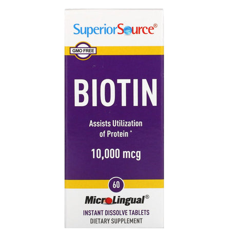 Superior Source Biotin 10000 Mcg under the Tongue Quick Dissolve Sublingual Tablets 60 Count, Supports Healthy Hair, Skin and Nail Growth, Helps Support Energy Metabolism, Non-Gmo