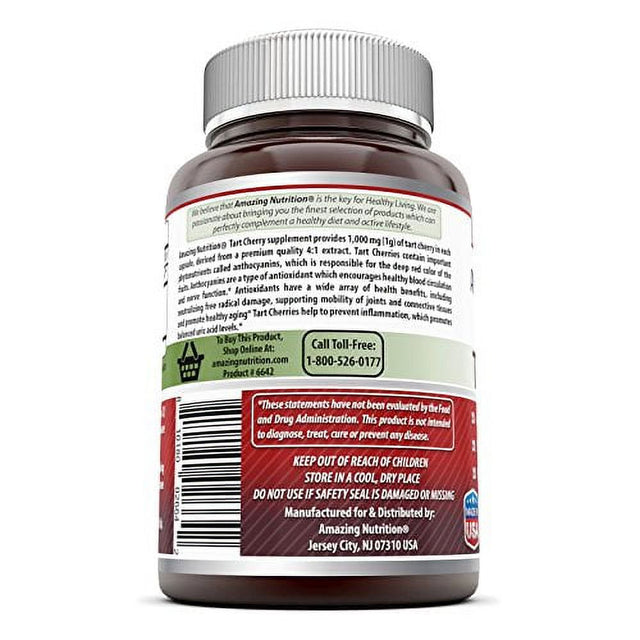 Amazing Formulas Tart Cherry Extract 1000 Mg Capsules - (Non-Gmo, Gluten Free) - Antioxidant Support - Promotes Joint Health & a Proper Uric Acid Level Balance (120 Count)