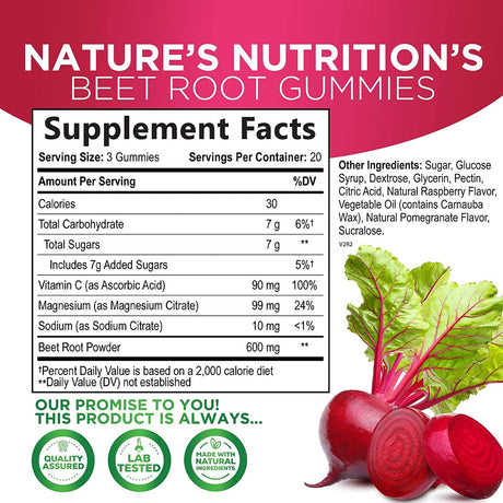 Nature'S Nutrition Beet Chews Gummies with Beetroot - Energy & Heart Health Support, Natural Nitric Oxide Production Support, Superfood Beets Soft Chews Gummy Supplement - 60 Count Beet Root Gummies