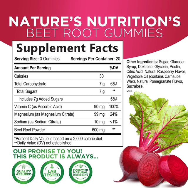 Nature'S Nutrition Beet Chews Gummies with Beetroot - Energy & Heart Health Support, Natural Nitric Oxide Production Support, Superfood Beets Soft Chews Gummy Supplement - 60 Count Beet Root Gummies