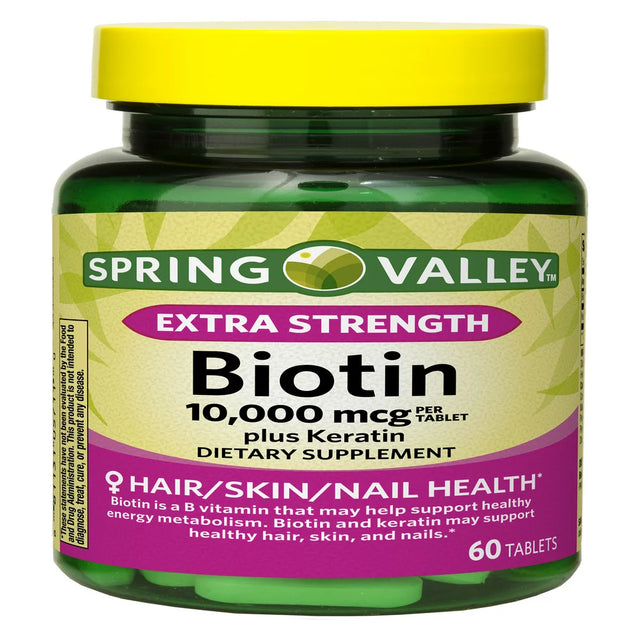 Spring Valley Extra Strength Biotin plus Keratin Tablets Dietary Supplement, 10,000 Mcg, 60 Count