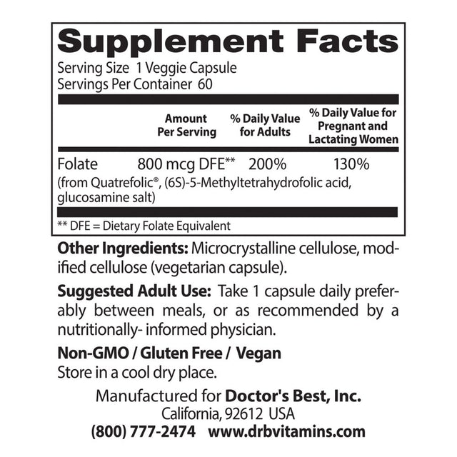 Doctor'S Best Fully Active Folate with Quatrefolic, Non-Gmo, Vegan, Gluten Free, 800 Mcg, 60 Veggie Caps