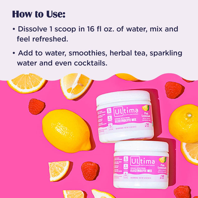 Ultima Replenisher Electrolyte Hydration Drink Mix, Pink Lemonade, 30 Serving Tub - Sugar Free, 0 Calories, 0 Carbs - Gluten-Free, Keto, Non-Gmo, Vegan