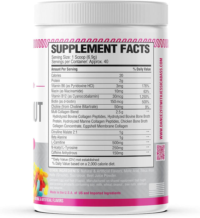 D2Fit (By Jessica Bass Women’S Pre Workout Multi Collagen (2.5G) + Biotin (150Mcg) - Supports Healthy Hair, Skin & Nails, Supports Increased Energy, Focus & Endurance - Sour Gummy 9.73 Oz (276G)