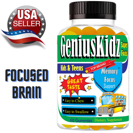 Geniuskidz Brain Focus Supplement Kids Focus and Attention Supplements Brain Booster Vitamins for Kids,Omega 3 Gummies for Kids & Teens- 60Ct