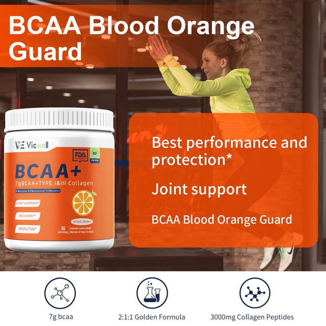 Sports BCAA Powder for Endurance & Muscle Recovery + Collagen & Vitamin C for Joint Health, 14.6 Oz 7G 30 Servings, Orange, Vicwell