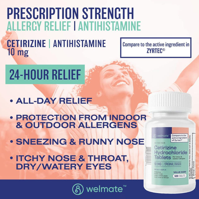 Welmate Antihistamine Allergy Relief - Cetirizine Hydrochloride 10Mg - 24 Hour Relief - 500 Tablets