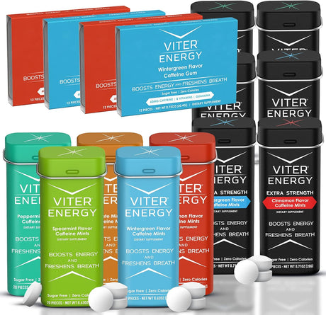 Viter Energy Original Caffeine Mints, Extra Strength Caffeine Mints and Caffeine Gum Variety Packs Bundle - Caffeine, B Vitamins, Sugar Free, Vegan, Powerful Energy Booster for Focus and Alertness