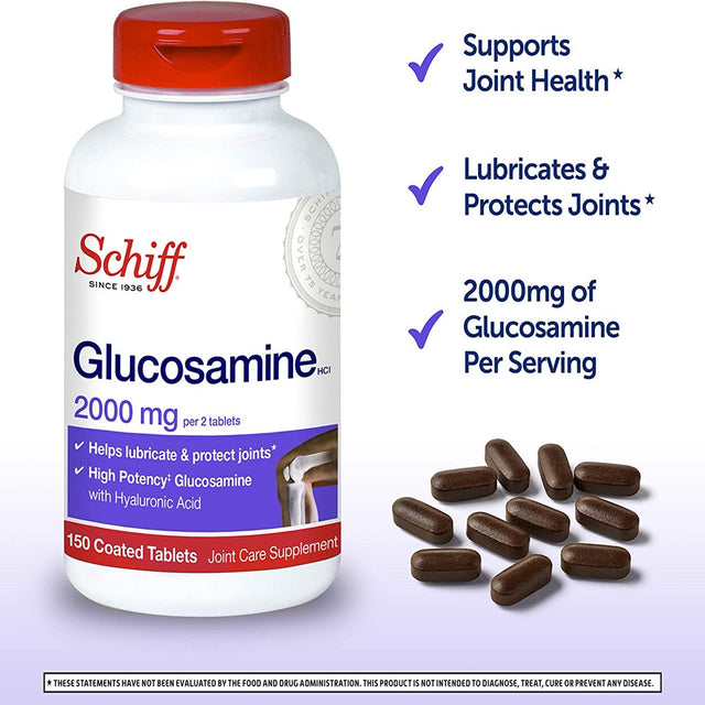 Schiff Glucosamine 2000Mg (Per Serving) + Hyaluronic Acid Tablets (150 Count in a Bottle), Joint Care Supplement That Helps Support Joint Mobility & Flexibility, Supports the Structure of Cartilage