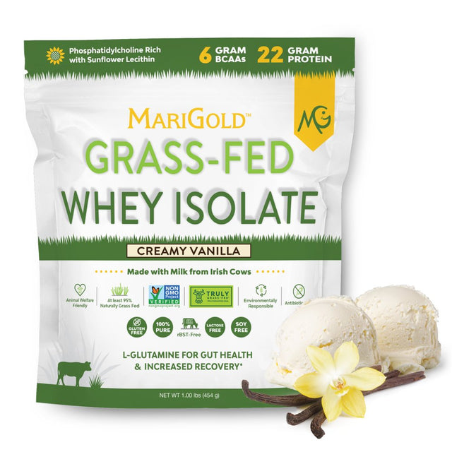 Marigold Grass-Fed Whey Isolate Protein Powder Creamy Vanilla 1LB - Cold Processed, Undenatured, Non-Gmo, Rbgh Free, Soy Free, Gluten Free