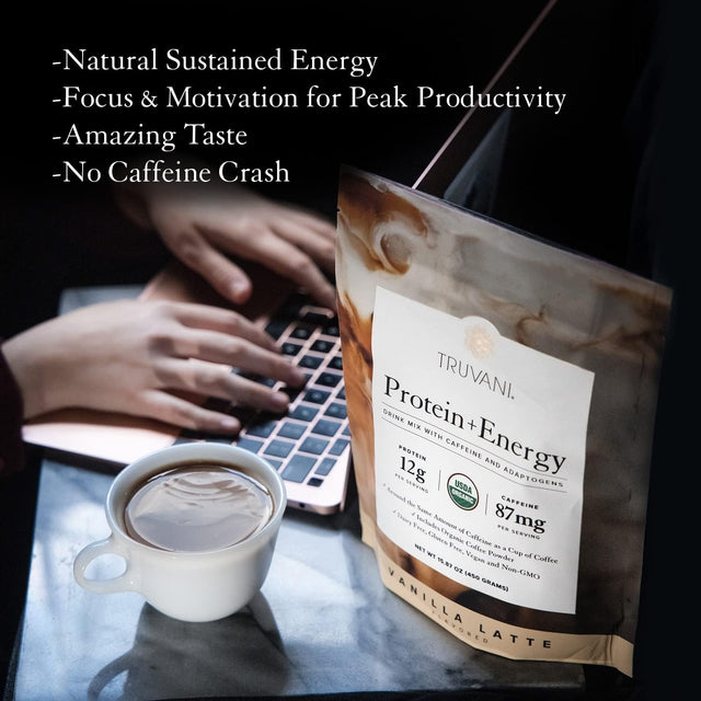 Truvani Protein + Energy Drink Mix with Caffeine & Adaptogens | USDA Certified Organic, Vegan, Non-Gmo, & Gluten Free | Vanilla Latte (20 Servings)