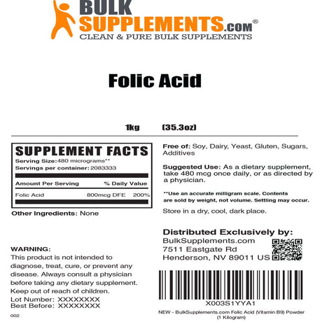 Bulksupplements.Com Folic Acid Powder, 480Mcg - Supplement for Prenatal Support (5Kg)