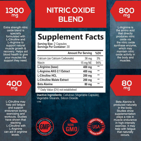 Extra Strength Nitric Oxide Supplement L Arginine 3X Strength - Citrulline Malate, AAKG, Beta Alanine - Premium Muscle Supporting Nitric Booster for Strength & Energy to Train Harder - 60 Capsules