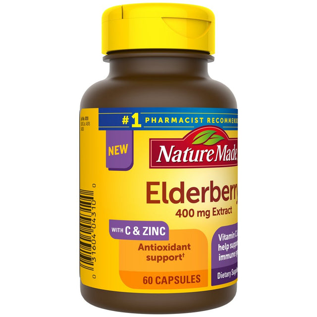 Nature Made Elderberry 400 Mg Extract with Vitamin C and Zinc Capsules, Dietary Supplement, 60 Count