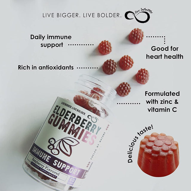 Live Infinitely Elderberry Gummies with Zinc and Vitamin C for Adults & Kids Gluten Free 60 Count