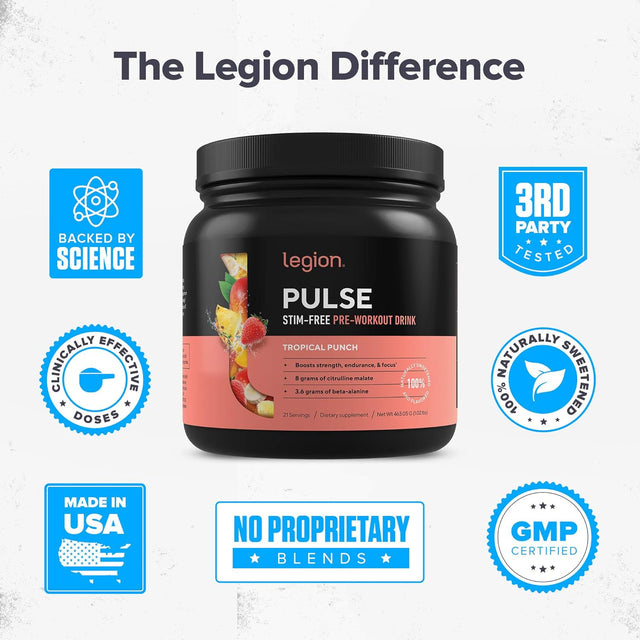 LEGION Pulse Pre Workout Supplement - All Natural Nitric Oxide Preworkout Drink to Boost Energy, Creatine Free, Naturally Sweetened, Beta Alanine, Citrulline, Alpha GPC (Caffeine Free Tropical Punch)