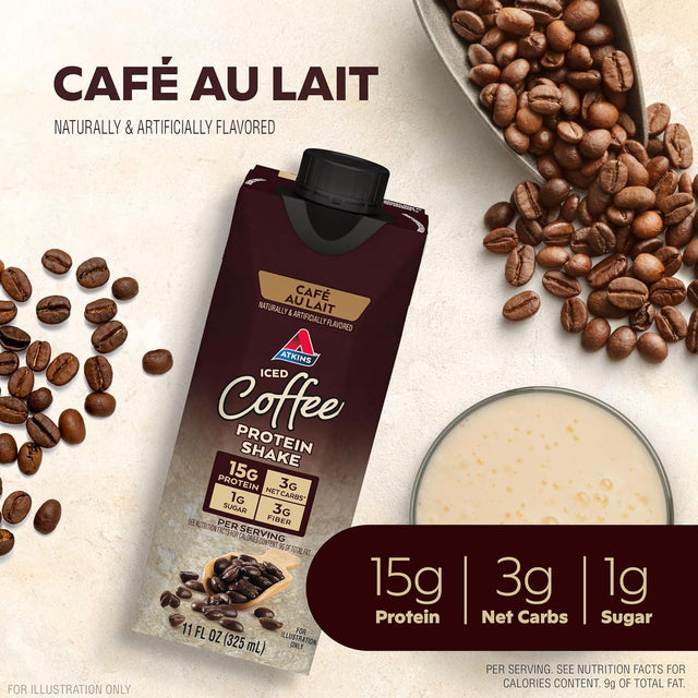 Atkins Café Au Lait Iced Coffee Protein Shake, 15G Protein, Low Glycemic, 3G Net Carb, 1G Sugar, Keto Friendly, 11 Fl Oz (Pack of 12)