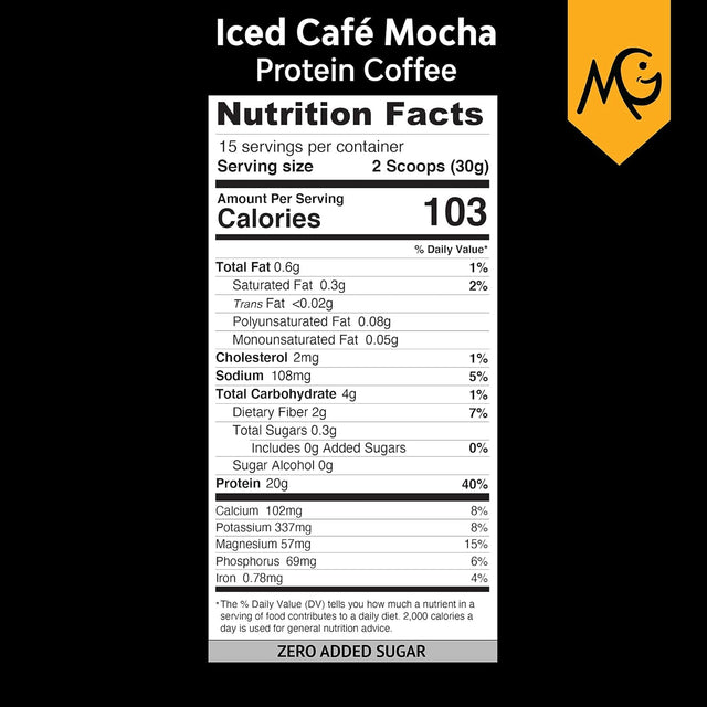 Marigold High Protein Coffee - Iced Café Mocha, 20G Grass Fed Whey Protein Isolate, Energy & Workout Boost, 2 Shots Organic Espresso, Non-Gmo, 2 Net Carb, 1 Lb Bag, 15 Servings