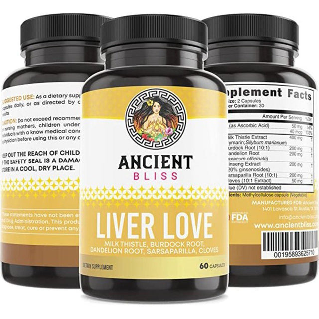 Ancient Bliss Liver Love - Natural Milk Thistle Liver Detox and Liver Health Cleanse Supplement - Support Healthy Liver in Men and Women,60 Capsules - with Burdock, Dandelion.