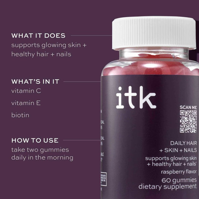 ITK Daily Hair + Skin + Nails Supplement Gummies with Biotin | Raspberry | 30-Day Supply, 60 Ct